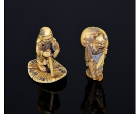 Japanese ivory Netsuke of a blind man with a stick trying to find a hole in a lily (5cm high), and another of a man holding a