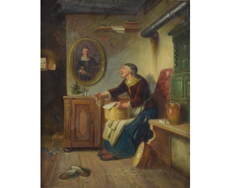 19th century continental interior scene with lady seated looking up at a portrait of young woman, indistinctly signed, oil on