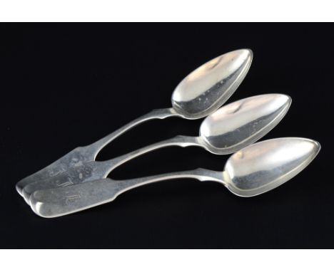 Three mid 19th century American white metal fiddle pattern dessert spoons by R&W Wilson, 4oz, 124g,
