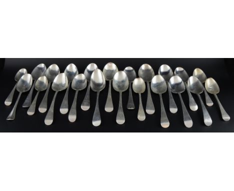 Collection of George III and later silver Old English pattern table and dessert spoons, various dates and marks, 38oz, 1181g,