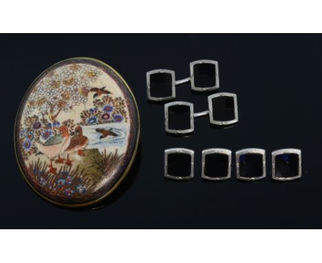  Satsuma brooch and cufflinks.  the brooch depicting birds and flowers.