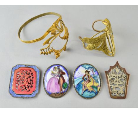  Group of jewellery to include Art nouveau gilt metal  arm bracelet another in dragonfly form. two painted ceramic plaque bro