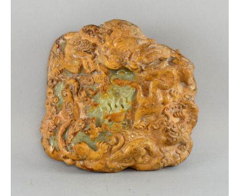 Chinese ginger jade boulder carving with nine dragons contesting flaming pearls, approximately 15cm x 15cm,