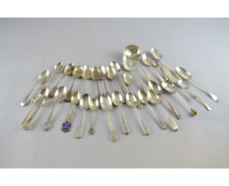 Six William IV silver fiddle pattern teaspoons, Victorian sauce ladle and other small spoons, gross weight 22oz, 684g,