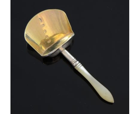 George III silver scoop form caddy spoon with mother-of-pearl handle, by Samuel Pemberton, Birmingham, 1806, 