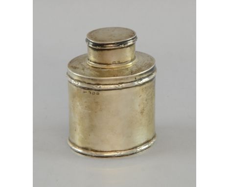 George VI silver tea caddy of oval section with ribbon tie borders, Birmingham, 1938, 4.9oz, 152g,