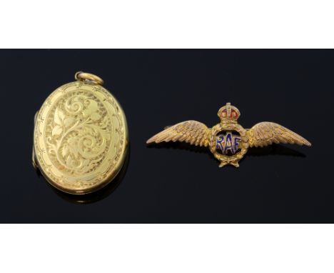 RAF wings sweetheart brooch and a locket.  gold enamel and a Victorian gold plated locket  with chased foliate design. 