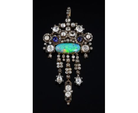 19th century diamond opal and sapphire  pendant brooch, set with oval cabochon cut, black opal measuring 20 mm x 8.96  within