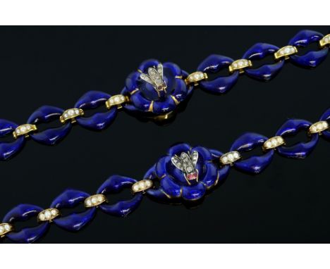 Victorian blue enamel and seed pearl necklace/ bracelets. comprising of blue enamel links with seed pearl spacers set with tw