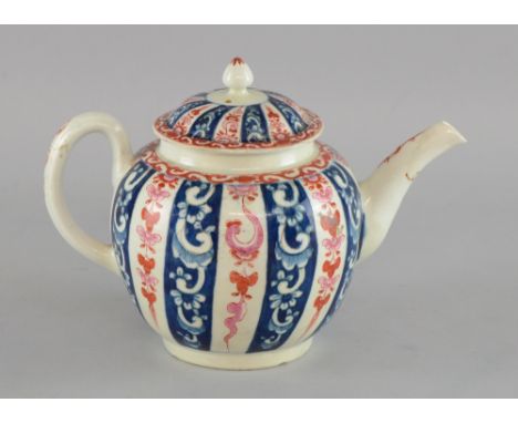 A Royal Worcester Doctor Wall period teapot decorated in a blue and rust striped pattern - the spout decorated with a rococo 