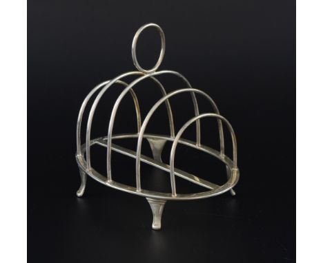 Victorian silver four division toast rack with ring handle on four pad feet, by Walker & Hall, Sheffield, 1891, 2.9oz, 90g,