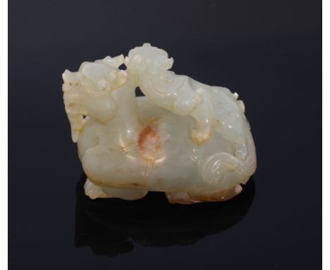 Chinese pale celadon brown mottled  jade lion headed turtle with a bifid dragon on it's back,  5cm wide 