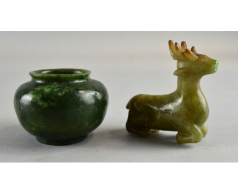 Jade nephrite small ink bottle, 5cm dia, together with a jade deer, seated on all fours.