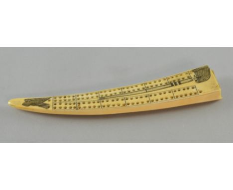 Early 19th century walrus tusk cribbage board engraved with walruses, 23cms wide