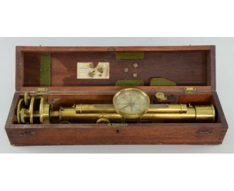 Troughton & Simms (London)  brass Surveyor's level with compass dial mounted on top in a mahogany fitted box