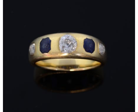 Edwardian sapphire and diamond five stone gold band ring. set with an old cut diamond to the centre weighing approximately 0.