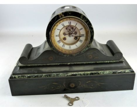 A 19th Century black slate and verde antique green marble mounted clock of architectural form with inlaid plinth and visible 