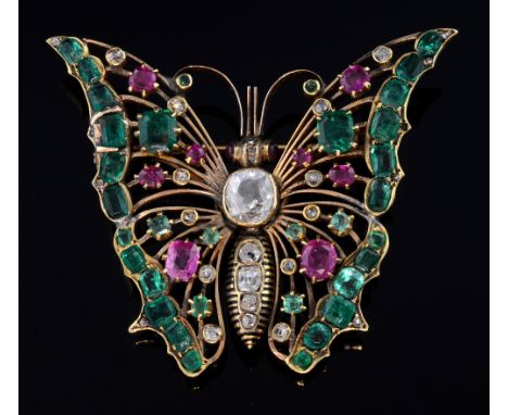 Victorian multi-gem set butterfly brooch. the body set with a cushion cut diamond weighing approximately 0.80cts and a furthe