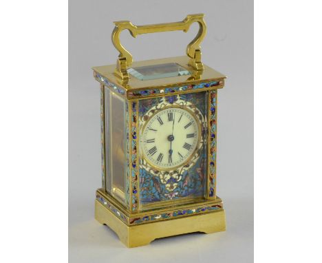 19th Century French lacquered brass champlev‚ enamel carriage clock 17cm
