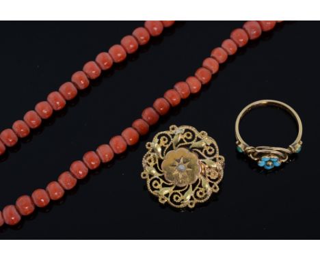 Victorian jewellery to include a coral bead necklace, a gold turquoise set ring with inscription dated 1843  and a fix brooch