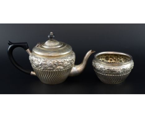 Victorian silver teapot  and matching sugar bowl with gadrooned and embossed floral decoration, by Nathan & Hayes, Birmingham