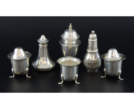 George VI silver part cruet set comprising salt shaker, pepperette and pepperette lacking top, by Sydney Hall & Co., Sheffiel