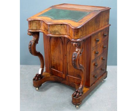 19th century Walnut Davenport, with green leather and gilt tooled writing slope, raised on cabriole legs to lions paw feet, o