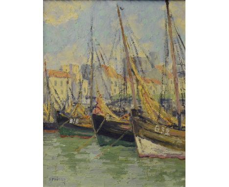 R Frery Oil on board fishing boats in harbour stone houses in background 35cm x 26cm another oil on canvas shepherd with his 