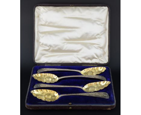 Matched set of four George III silver berry spoons, various dates and marks, in fitted case, 8oz, 248g,