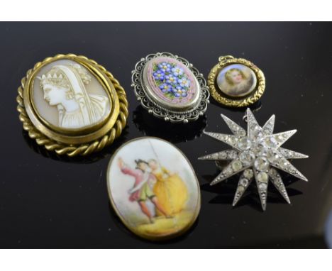 Victorian paste and silver star brooch. a portrait pendant and other brooches.  