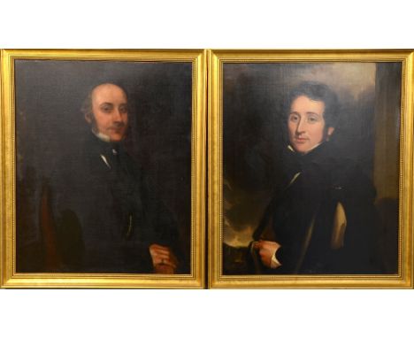 English School,  19th century half length portrait of a gentleman with white high collar, black robe and with ring on his fin