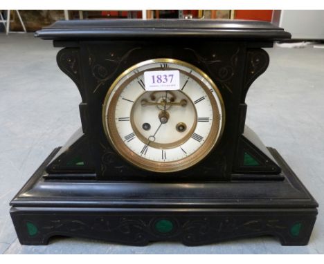 Victorian black slate and malachite eight day mantle clock, with open escapement,  enamel dial, Roman numerals. 28cm high