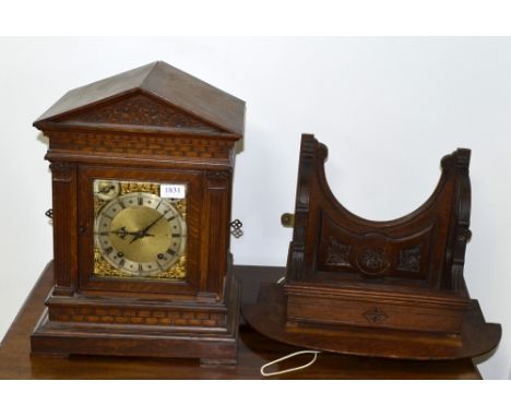 Late 19th century oak cased bracket clock, the brass and silvered dial with twin train movement, Roman numerals, Chime/Silent