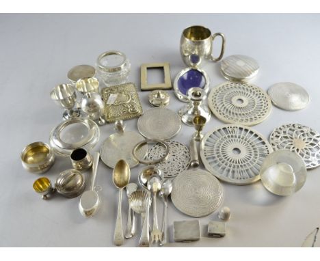 George V silver mounted glass ball match strike, by F & Co. Ltd, London, 1924, silver mounted coasters, egg cups and other sm