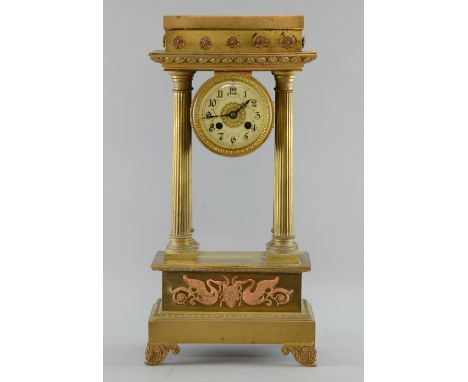 Gilt metal Portico style mantel clock with twin train movement, 46cm x 22cm