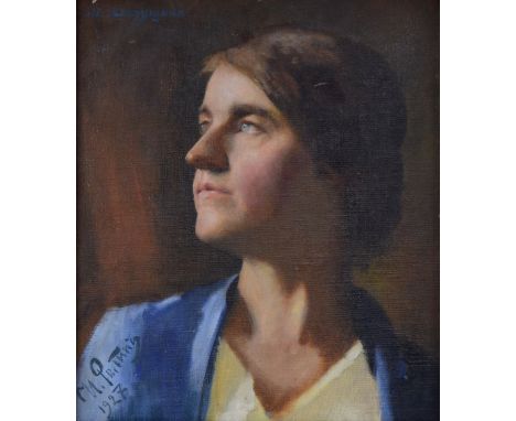 20th century head and shoulders portrait of a woman, oil on canvas laid on board, 40 x 35cms