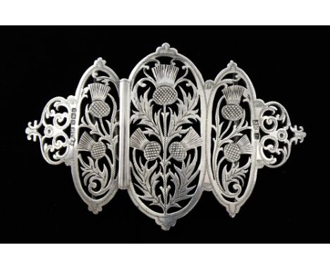 Victorian silver belt buckle with pierced and engraved thistle decoration, by Joseph Rodgers & Sons, Sheffield, 1899, 1.8oz, 