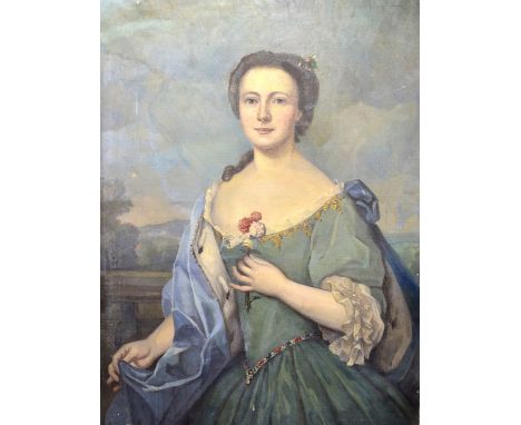 19th century (Continental School) oil on canvas, half length portrait of a lady with bare shoulders wearing a green dress and