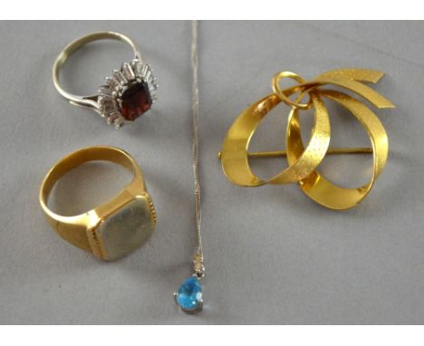 Group of gold jewellery. to include a gold signet ring, and brooch a white gold diamond and topaz necklace and an unmarked dr