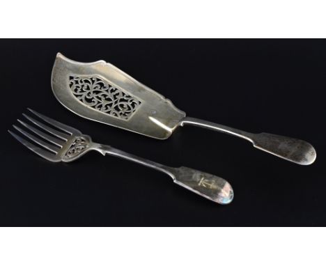 Victorian silver fish slice with pierced decoration by Samuel Hayne & Dudley Cater, London, 1841, and a similar smaller fork,