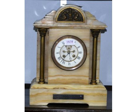 Late 19th Century/ Early 20th Century eight day mantel clock in mottled marble, with open escapement, white enamel dial, Roma