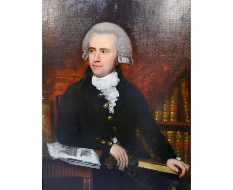 School of George Romney portrait of a Surgeon in frock coat, and with a foetus in bottle  unsigned oil on canvas 90cm by 69cm