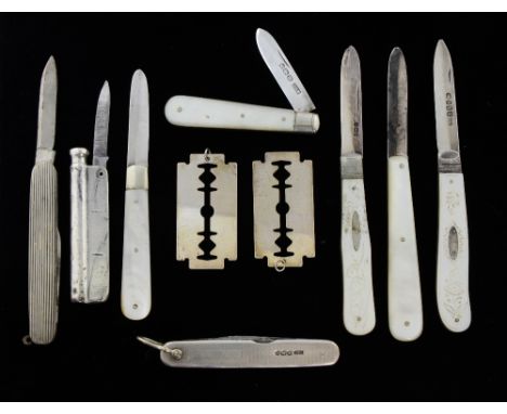 Small collection of silver and mother of pearl handled folding knives,