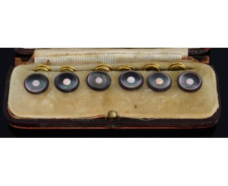 A set of six  abalone and opal dress buttons. gilt metal mount , in original Mappin Brothers box