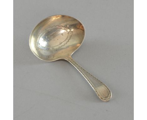 George III silver caddy spoon with bright cut decoration, by George Burrows I, London, 1793, 0.3oz, 9g,