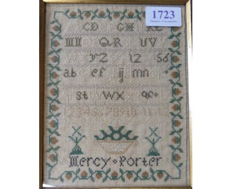 Victorian Needle work of a young girl  13cm by 10cm. Sampler by Mercy Porter 19cm by 15cm  and 19th century style portrait mi