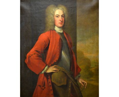 Early 19th century two thirds length portrait of a gentleman in full length red coat and wearing a metal breast plate, his le