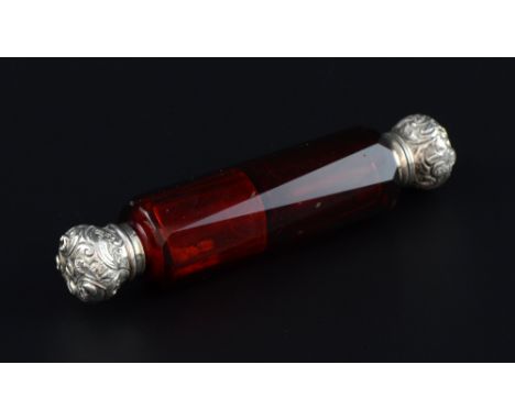 Double-ended cut ruby glass scent bottle with silver mounts, 12.5cm long,