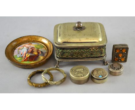 Silver ash holder designed as a small pebble with interior tray, three Art Nouveau plated trinket boxes, one other, pot lid, 