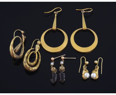 Three pairs of earrings. A pair of Victorian earrings circular form with engine turned finish, stamped 9ct another Victorian 